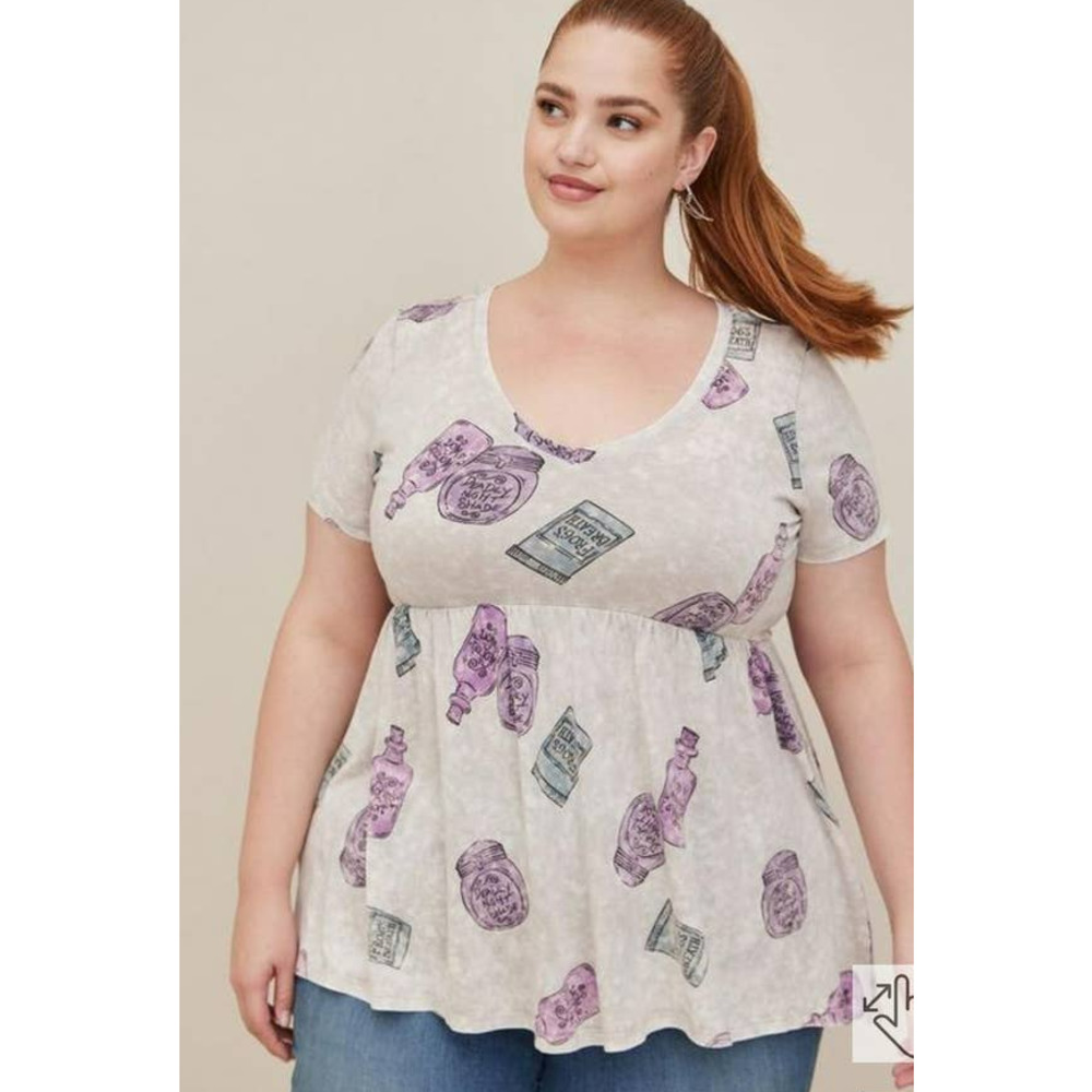 torrid White Scoop-Neck Peplum Top with Lavender Apothecary Print